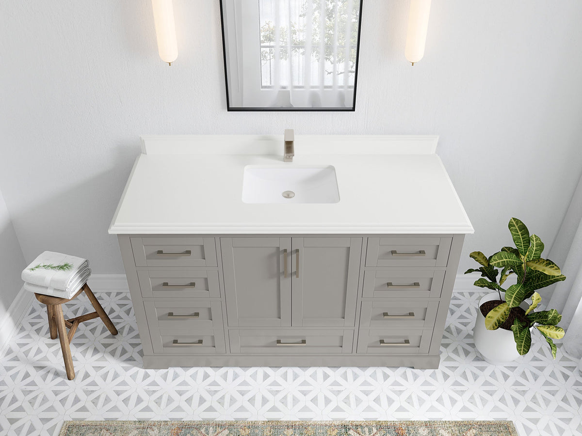 Boston 60 in. W x 22 in. D Single Sink Bathroom Vanity in Elephant Skin Gray with 1.5 in Double Cove Edge White Quartz Countertop - Top View