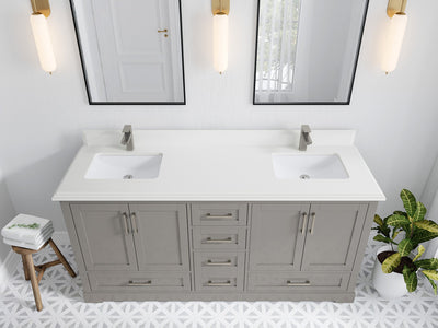 Boston 72 in. W x 22 in. D Double Sink Bathroom Vanity in Elephant Skin Gray with 1.5 in Double Cove Edge White Quartz Countertop - Top View