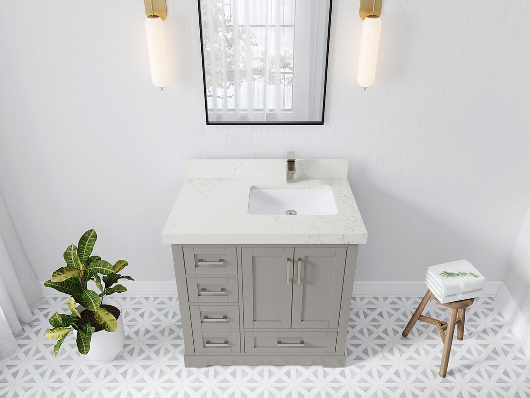 Boston 36 in. W x 22 in. D Single Sink Bathroom Vanity in Elephant Skin Gray with 2 in Empira White Quartz Countertop - Top View