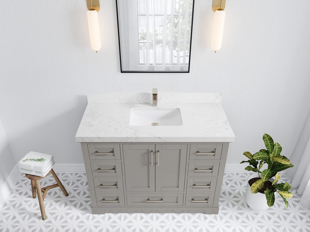 Boston 48 in. W x 22 in. D Single Sink Bathroom Vanity in Elephant Skin Gray with 2 in Empira White Quartz Countertop - Top View