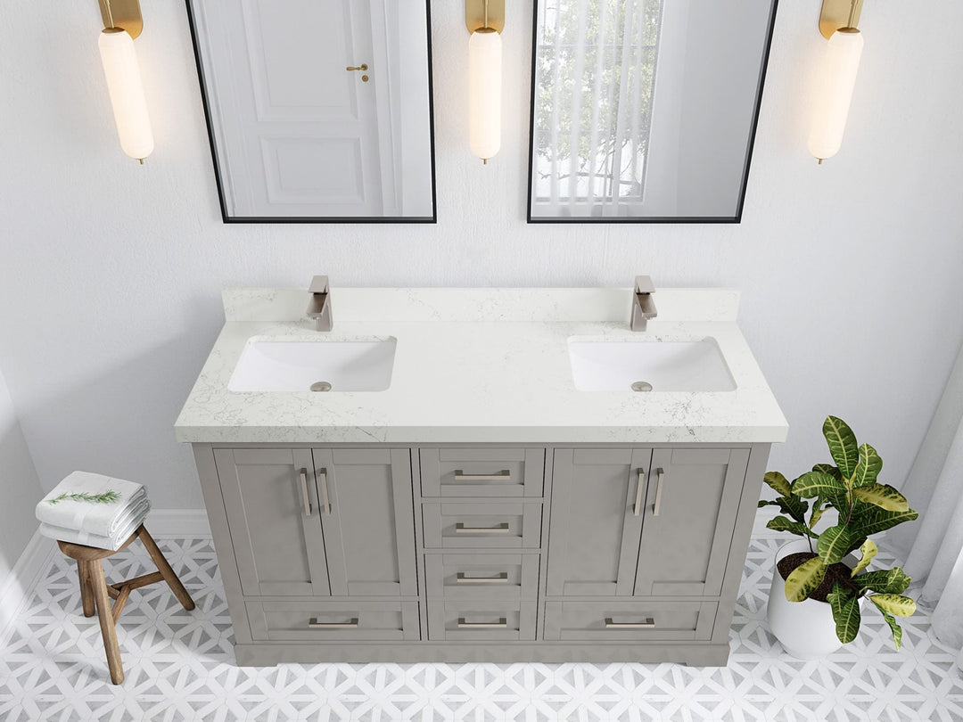 Boston 60 in. W x 22 in. D Double Sink Bathroom Vanity in Elephant Skin Gray with 2 in Empira White Quartz Countertop - Top View