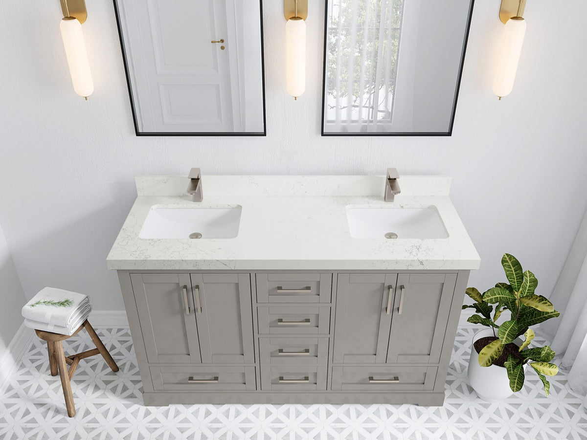 Boston 60 in. W x 22 in. D Double Sink Bathroom Vanity in Elephant Skin Gray with 2 in Empira White Quartz Countertop - Top View