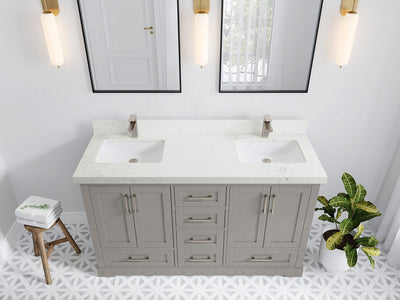 Boston 60 in. W x 22 in. D Double Sink Bathroom Vanity in Elephant Skin Gray with 2 in Empira White Quartz Countertop - Top View