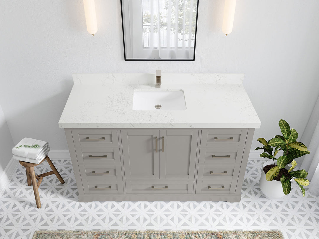 Boston 60 in. W x 22 in. D Single Sink Bathroom Vanity in Elephant Skin Gray with 2 in Empira White Quartz Countertop - Top View