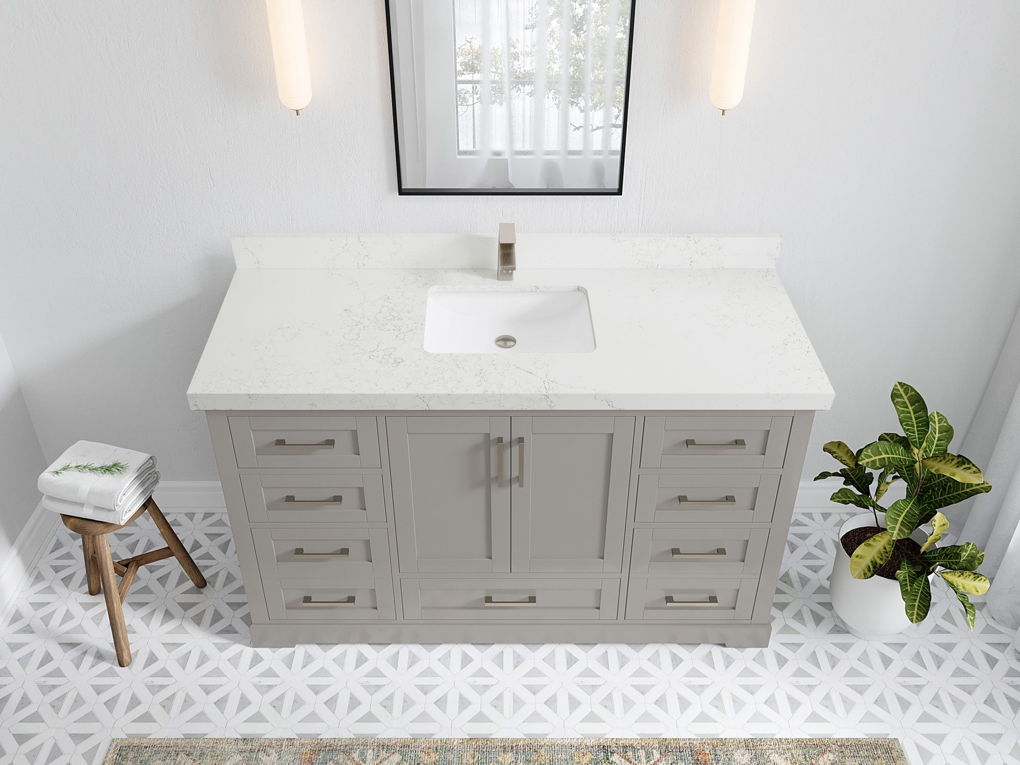 Boston 60 in. W x 22 in. D Single Sink Bathroom Vanity in Elephant Skin Gray with 2 in Empira White Quartz Countertop - Top View