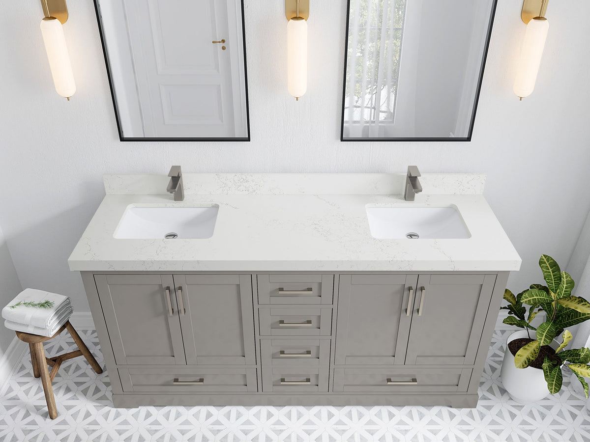 Boston 72 in. W x 22 in. D Double Sink Bathroom Vanity in Elephant Skin Gray with 2 in Empira White Quartz Countertop - Top View