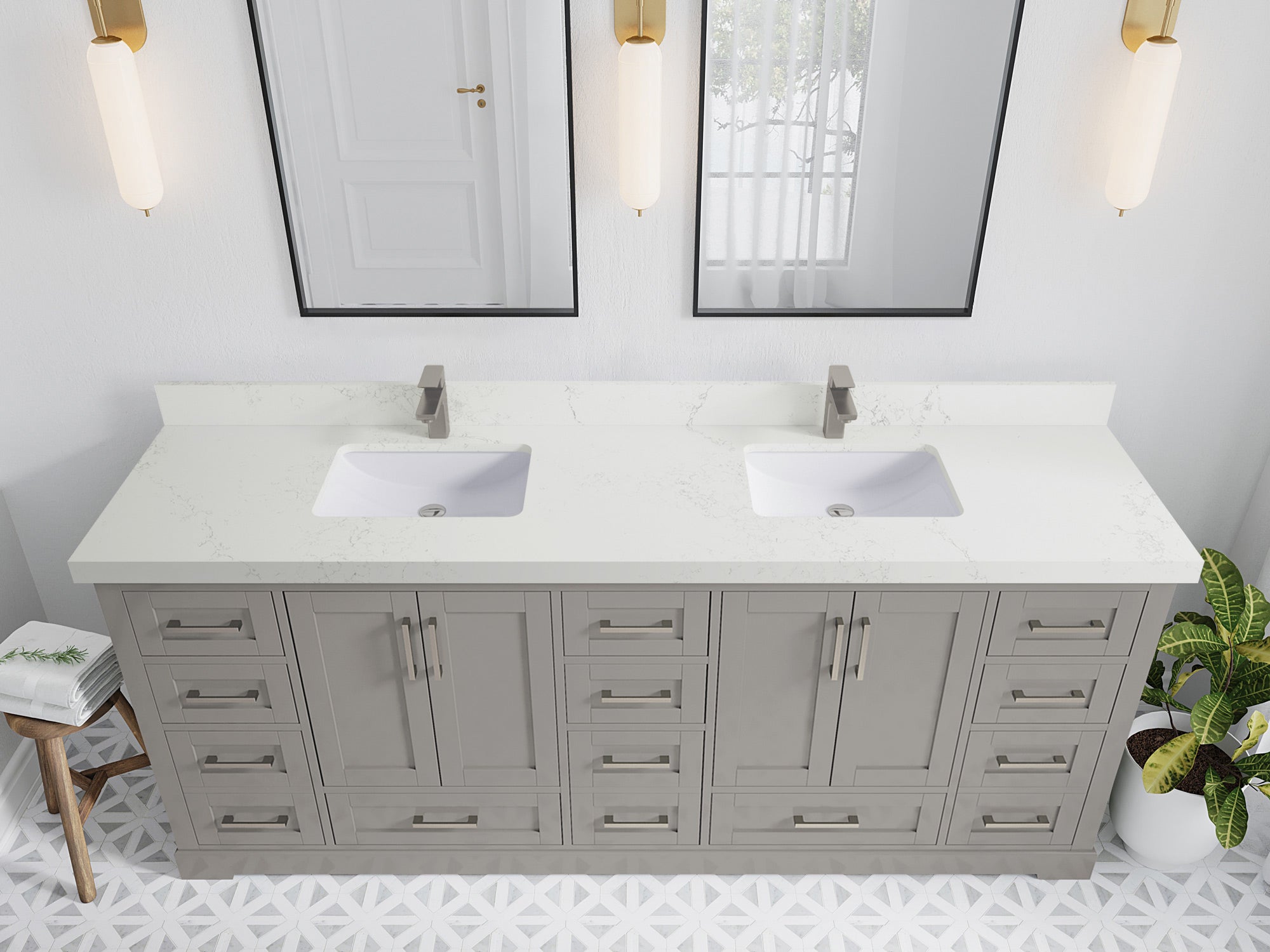 Boston 84 in. W x 22 in. D Double Sink Bathroom Vanity in Elephant Skin Gray with 2 in Empira White Quartz Countertop - Top View