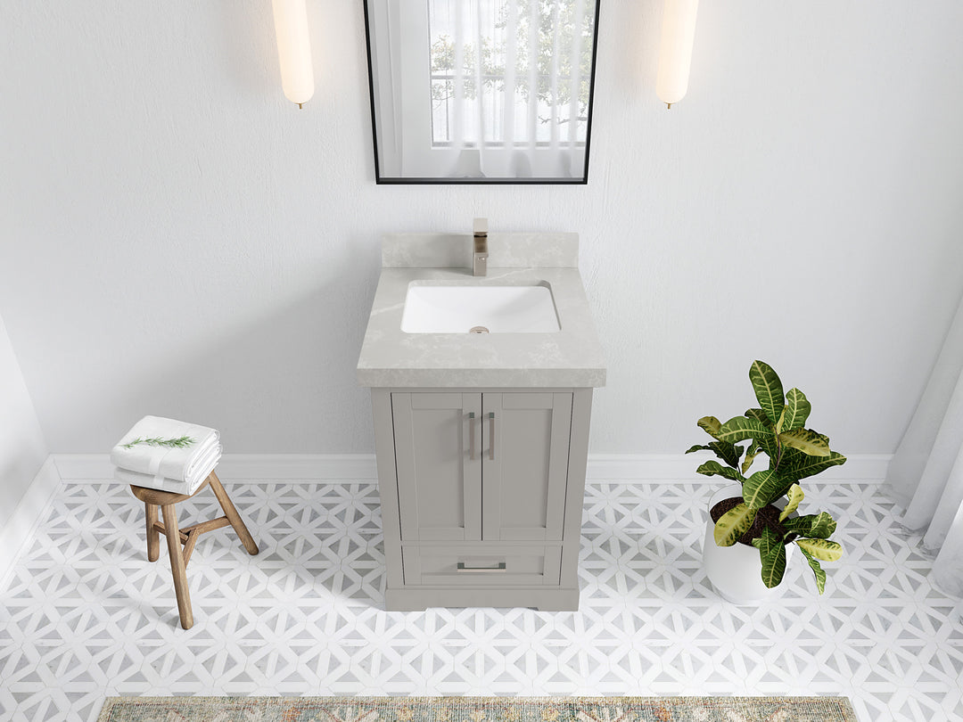 Boston 24 in. W x 22 in. D Single Sink Bathroom Vanity in Elephant Skin Gray with 2 in Pearl Light Gray Quartz Countertop - Top View