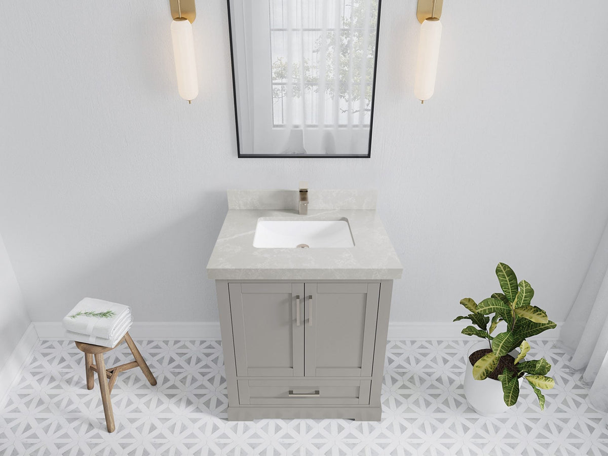 Boston 30 in. W x 22 in. D Single Sink Bathroom Vanity in Elephant Skin Gray with 2 in Pearl Light Gray Quartz Countertop - Top View