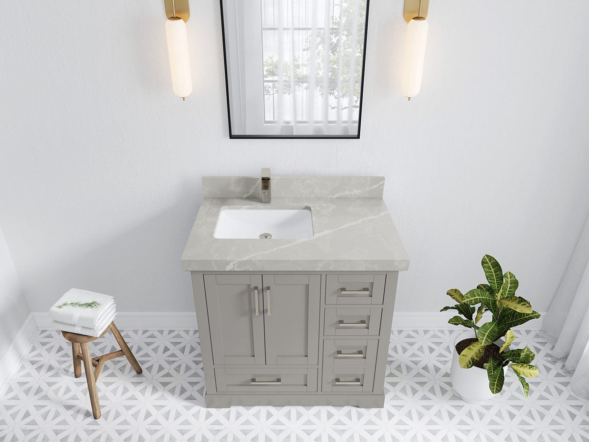 Boston 36 in. W x 22 in. D Single Sink Bathroom Vanity in Elephant Skin Gray with 2 in Pearl Light Gray Quartz Countertop - Top View