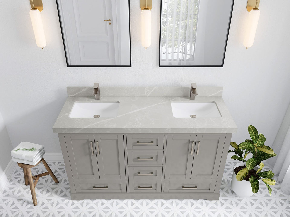 Boston 60 in. W x 22 in. D Double Sink Bathroom Vanity in Elephant Skin Gray with 2 in Pearl Light Gray Quartz Countertop - Top View