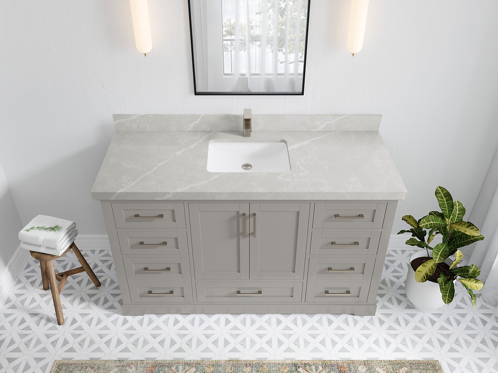 Boston 60 in. W x 22 in. D Single Sink Bathroom Vanity in Elephant Skin Gray with 2 in Pearl Light Gray Quartz Countertop - Top View