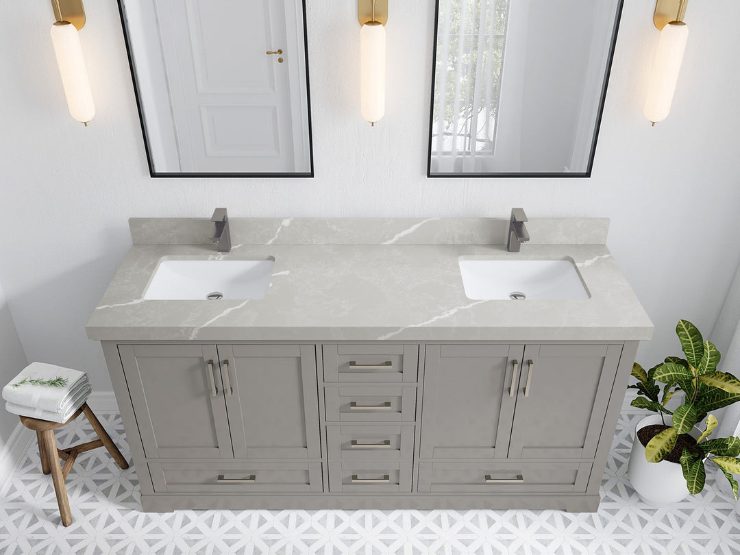 Boston 72 in. W x 22 in. D Double Sink Bathroom Vanity in Elephant Skin Gray with 2 in Pearl Light Gray Quartz Countertop - Top View