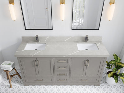 Boston 72 in. W x 22 in. D Double Sink Bathroom Vanity in Elephant Skin Gray with 2 in Pearl Light Gray Quartz Countertop - Top View