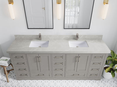 Boston 84 in. W x 22 in. D Double Sink Bathroom Vanity in Elephant Skin Gray with 2 in Pearl Light Gray Quartz Countertop - Top View