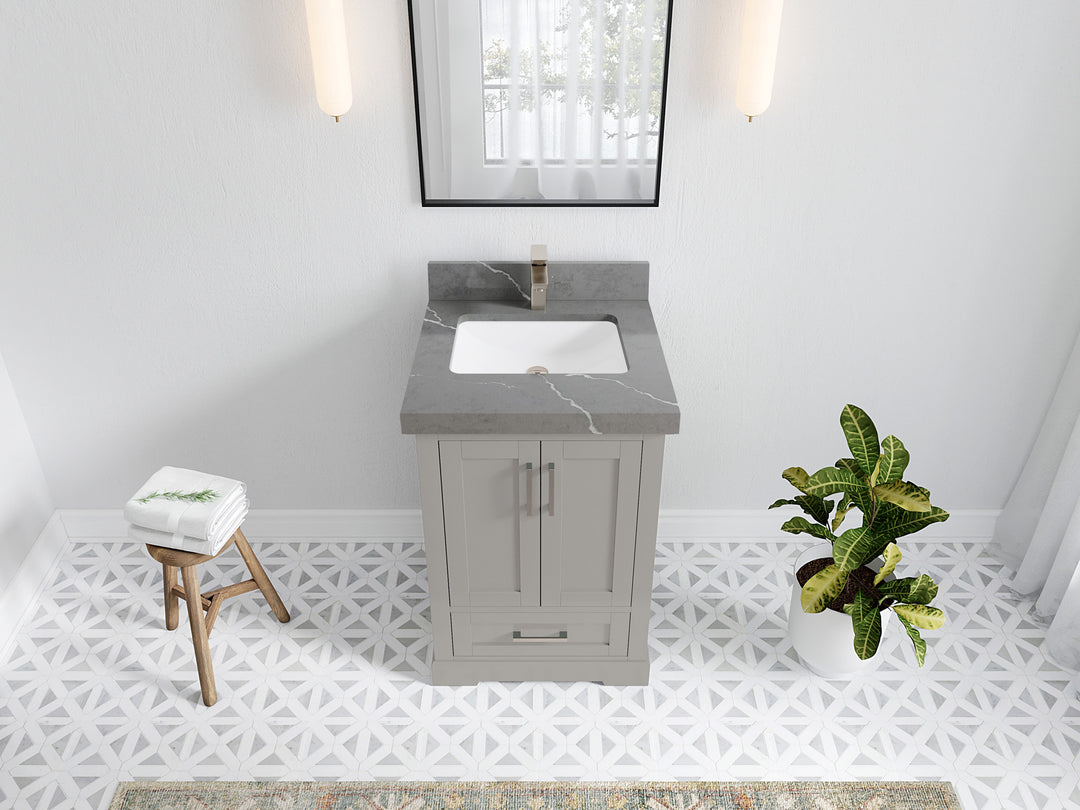 Boston 24 in. W x 22 in. D Single Sink Bathroom Vanity in Elephant Skin Gray with 2 in Piatra Gray Quartz Countertop - Top View