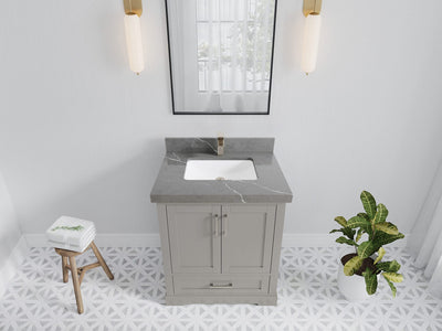 Boston 30 in. W x 22 in. D Single Sink Bathroom Vanity in Elephant Skin Gray with 2 in Piatra Gray Quartz Countertop - Top View