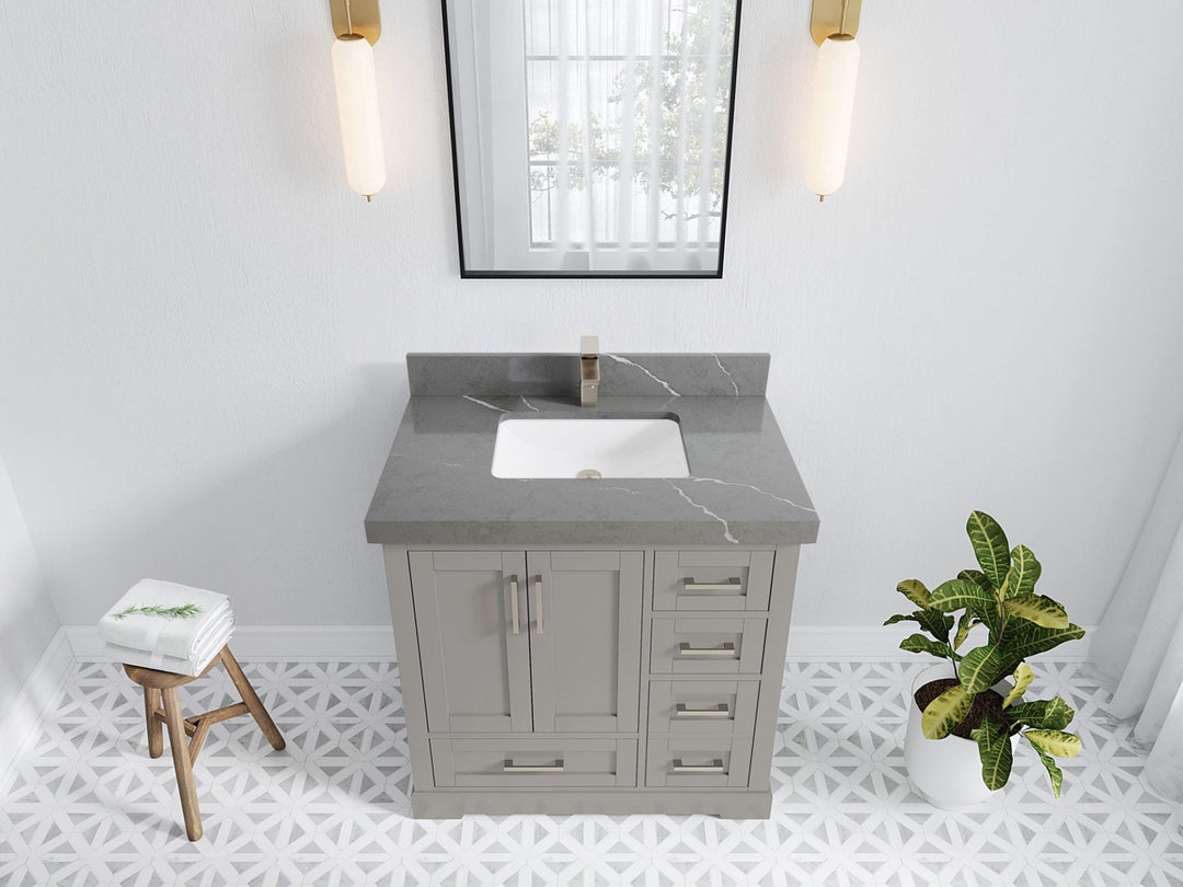 Boston 36 in. W x 22 in. D Single Sink Bathroom Vanity in Elephant Skin Gray with 2 in Piatra Gray Quartz Countertop - Top View