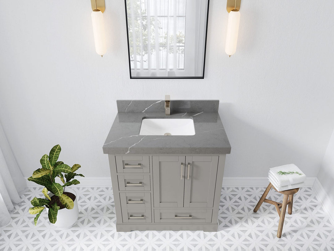 Boston 36 in. W x 22 in. D Single Sink Bathroom Vanity in Elephant Skin Gray with 2 in Piatra Gray Quartz Countertop - Top View