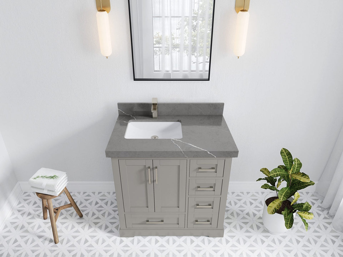 Boston 36 in. W x 22 in. D Single Sink Bathroom Vanity in Elephant Skin Gray with 2 in Piatra Gray Quartz Countertop - Top View