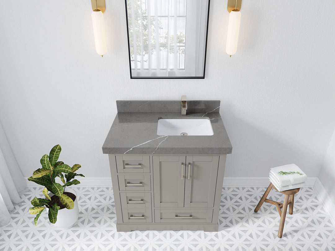 Boston 36 in. W x 22 in. D Single Sink Bathroom Vanity in Elephant Skin Gray with 2 in Piatra Gray Quartz Countertop - Top View