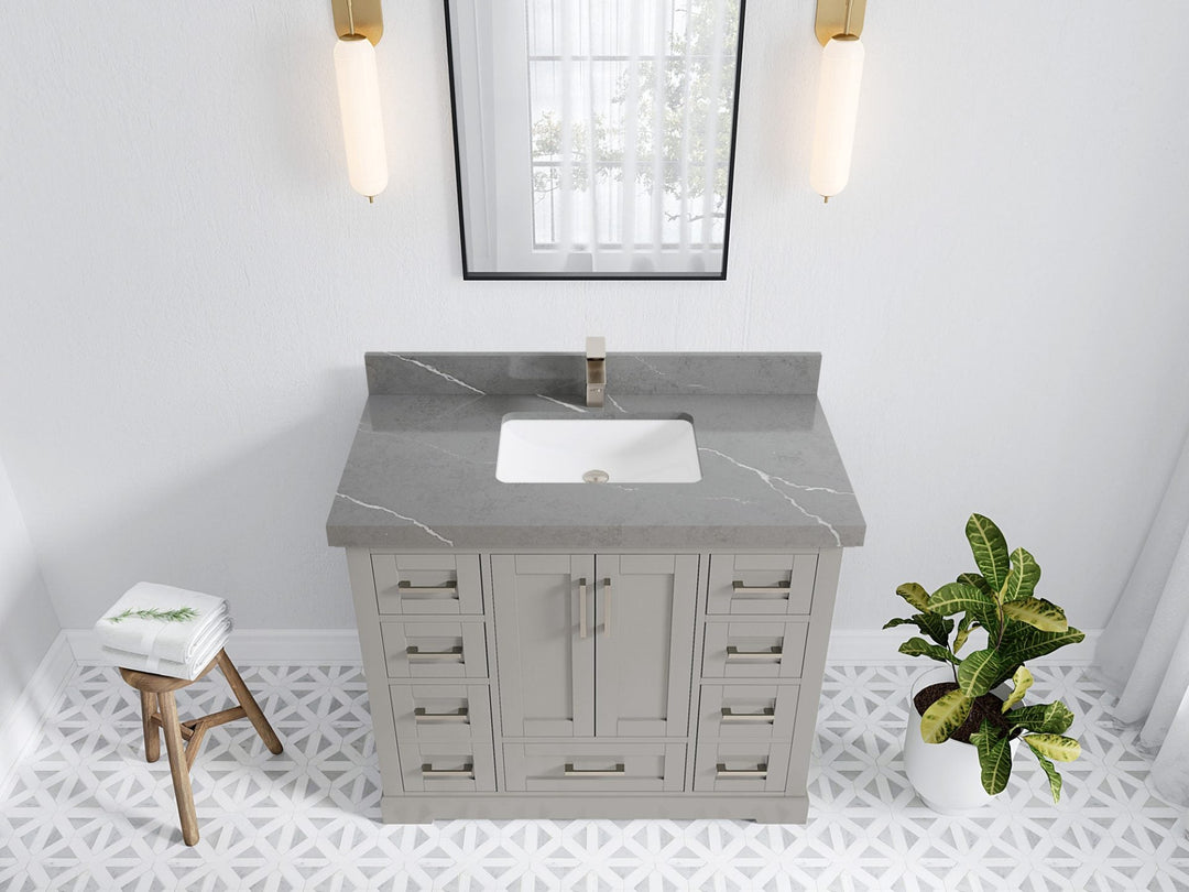 Boston 42 in. W x 22 in. D Double Sink Bathroom Vanity in Elephant Skin Gray with 2 in Piatra Gray Quartz Countertop - Top View