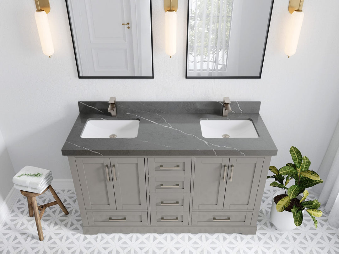 Boston 60 in. W x 22 in. D Double Sink Bathroom Vanity in Elephant Skin Gray with 2 in Piatra Gray Quartz Countertop - Top View