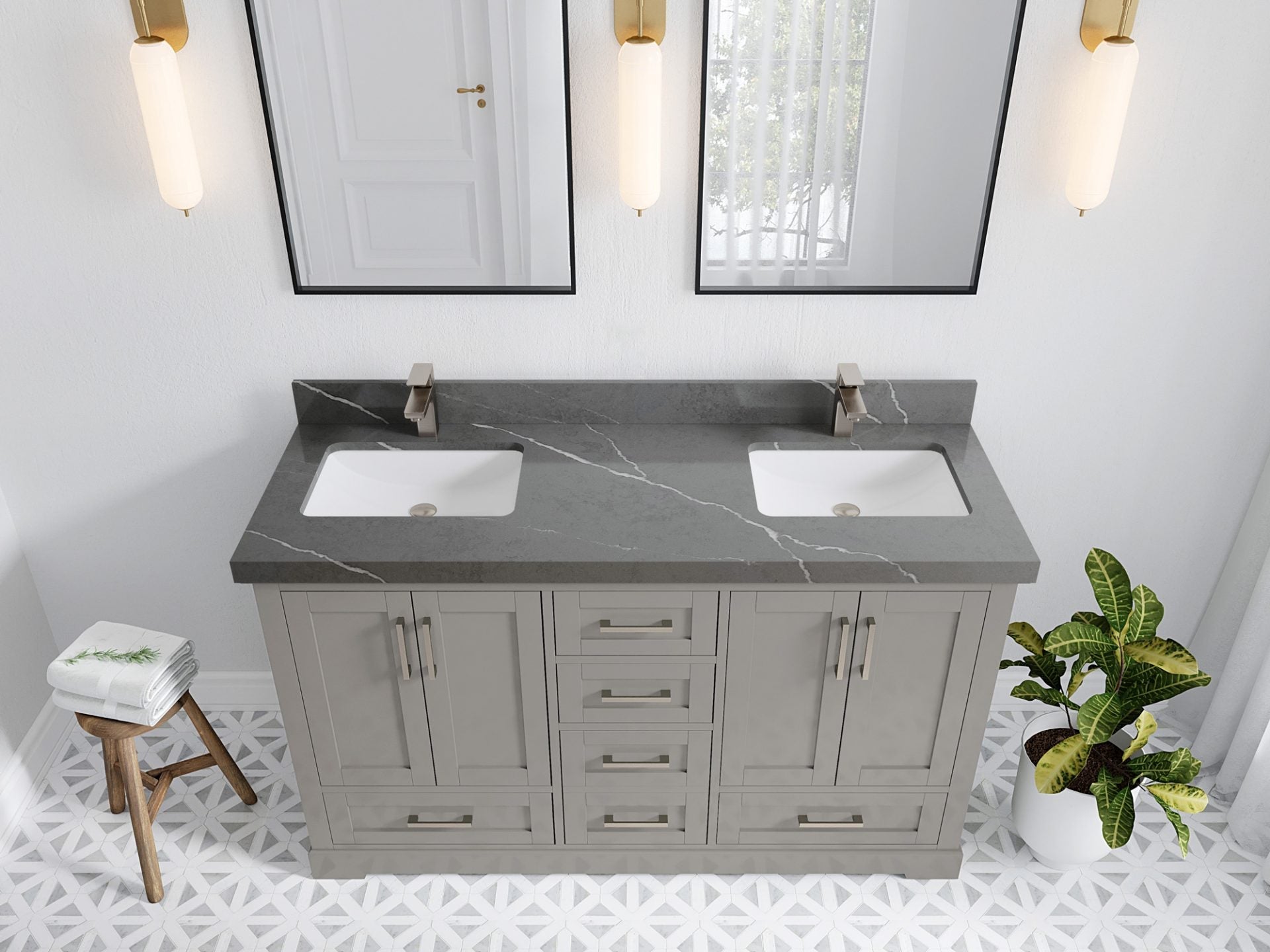 Boston 60 in. W x 22 in. D Double Sink Bathroom Vanity in Elephant Skin Gray with 2 in Piatra Gray Quartz Countertop - Top View