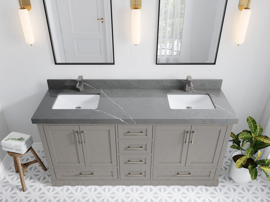 Boston 72 in. W x 22 in. D Double Sink Bathroom Vanity in Elephant Skin Gray with 2 in Piatra Gray Quartz Countertop - Top View