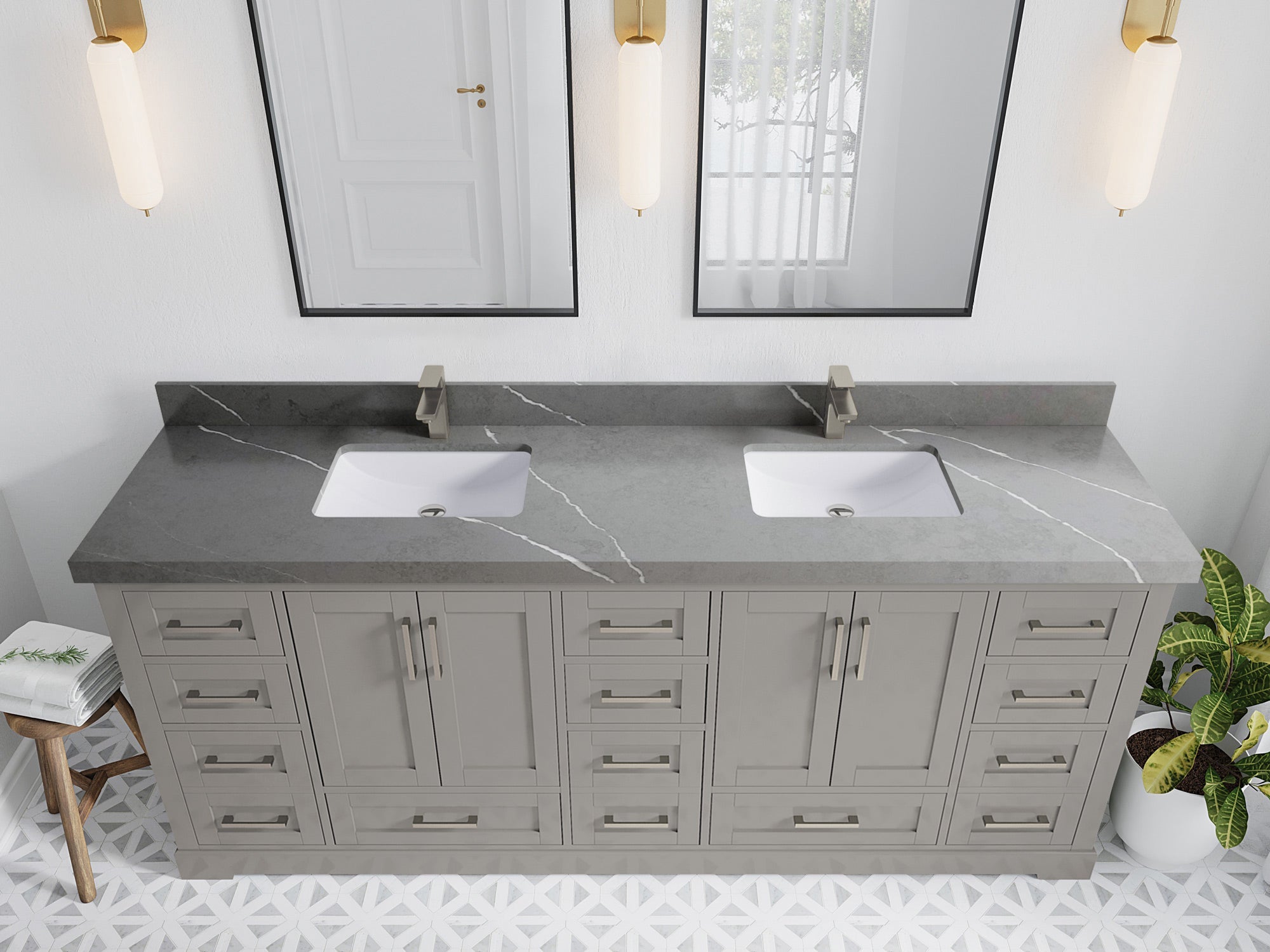 Boston 84 in. W x 22 in. D Double Sink Bathroom Vanity in Elephant Skin Gray with 2 in Piatra Gray Quartz Countertop - Top View