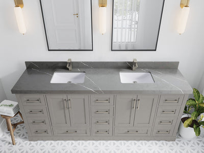 Boston 84 in. W x 22 in. D Double Sink Bathroom Vanity in Elephant Skin Gray with 2 in Piatra Gray Quartz Countertop - Top View