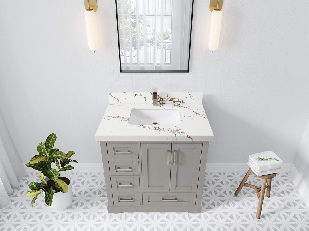 Boston 36 in. W x 22 in. D Single Sink Bathroom Vanity in Elephant Skin Gray with 2 in Viola Brown Quartz Countertop - Top View