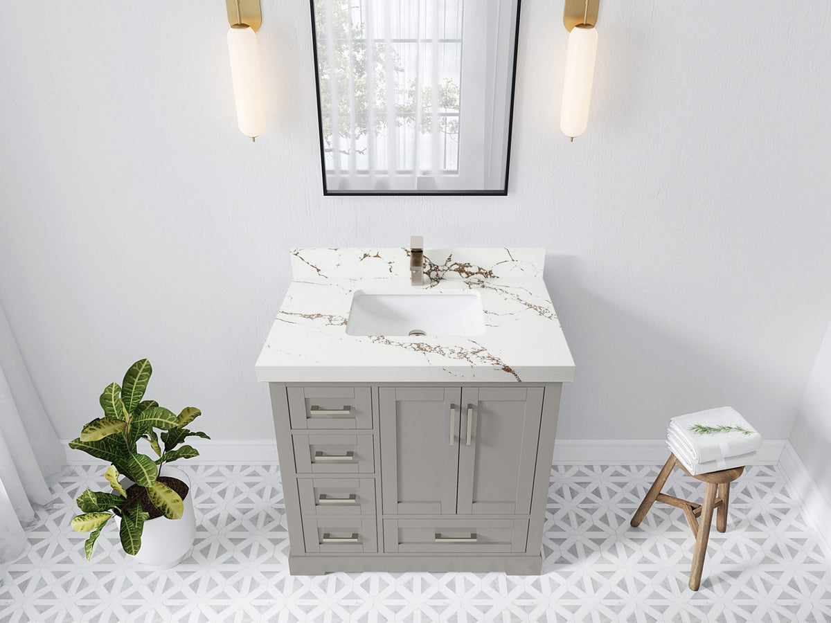 Boston 36 in. W x 22 in. D Single Sink Bathroom Vanity in Elephant Skin Gray with 2 in Viola Brown Quartz Countertop - Top View