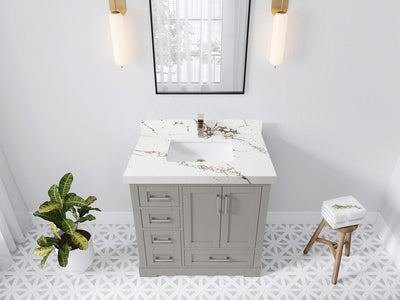Boston 36 in. W x 22 in. D Single Sink Bathroom Vanity in Elephant Skin Gray with 2 in Viola Brown Quartz Countertop - Top View