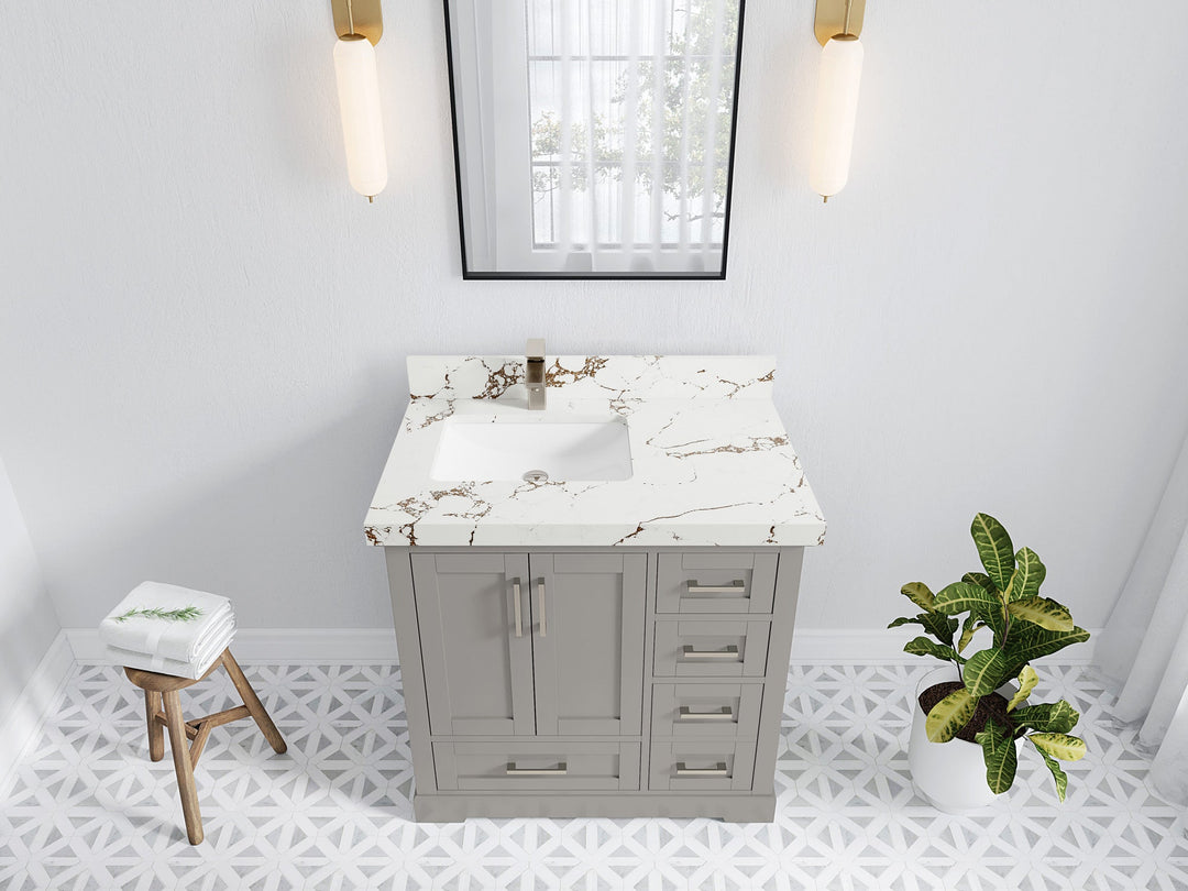 Boston 36 in. W x 22 in. D Single Sink Bathroom Vanity in Elephant Skin Gray with 2 in Viola Brown Quartz Countertop - Top View