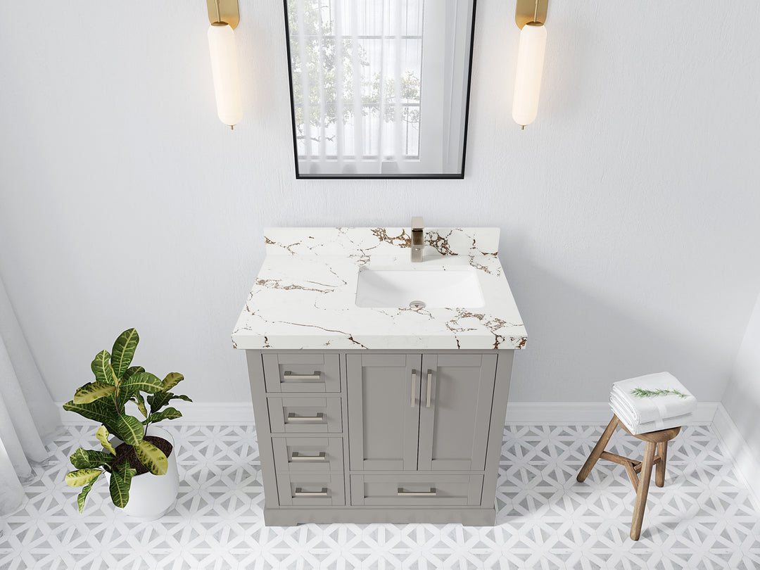 Boston 36 in. W x 22 in. D Single Sink Bathroom Vanity in Elephant Skin Gray with 2 in Viola Brown Quartz Countertop - Top View