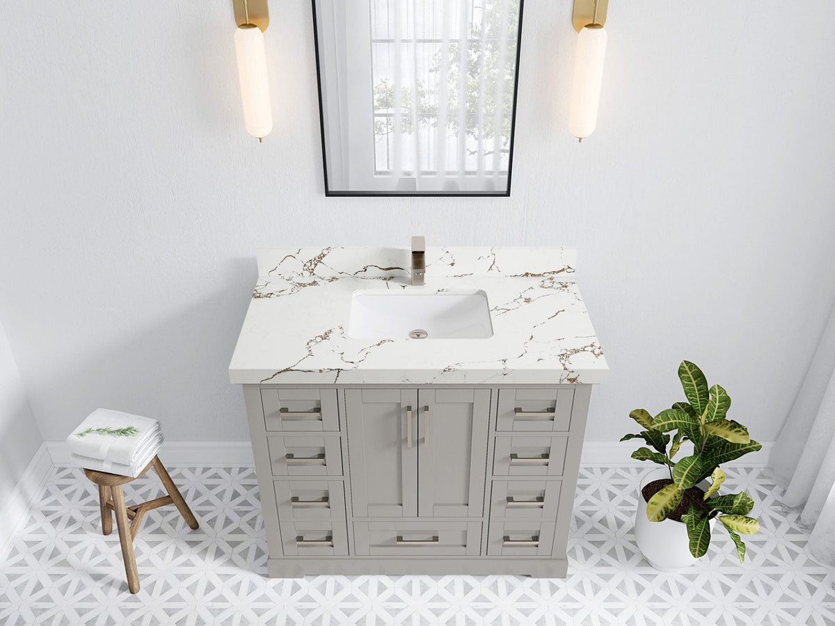 Boston 42 in. W x 22 in. D Double Sink Bathroom Vanity in Elephant Skin Gray with 2 in Viola Brown Quartz Countertop - Top View