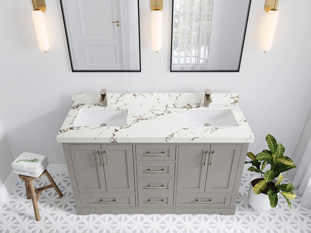 Boston 60 in. W x 22 in. D Double Sink Bathroom Vanity in Elephant Skin Gray with 2 in Viola Brown Quartz Countertop - Top View