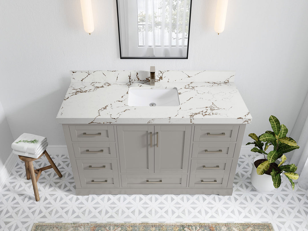 Boston 60 in. W x 22 in. D Single Sink Bathroom Vanity in Elephant Skin Gray with 2 in Viola Brown Quartz Countertop - Top View