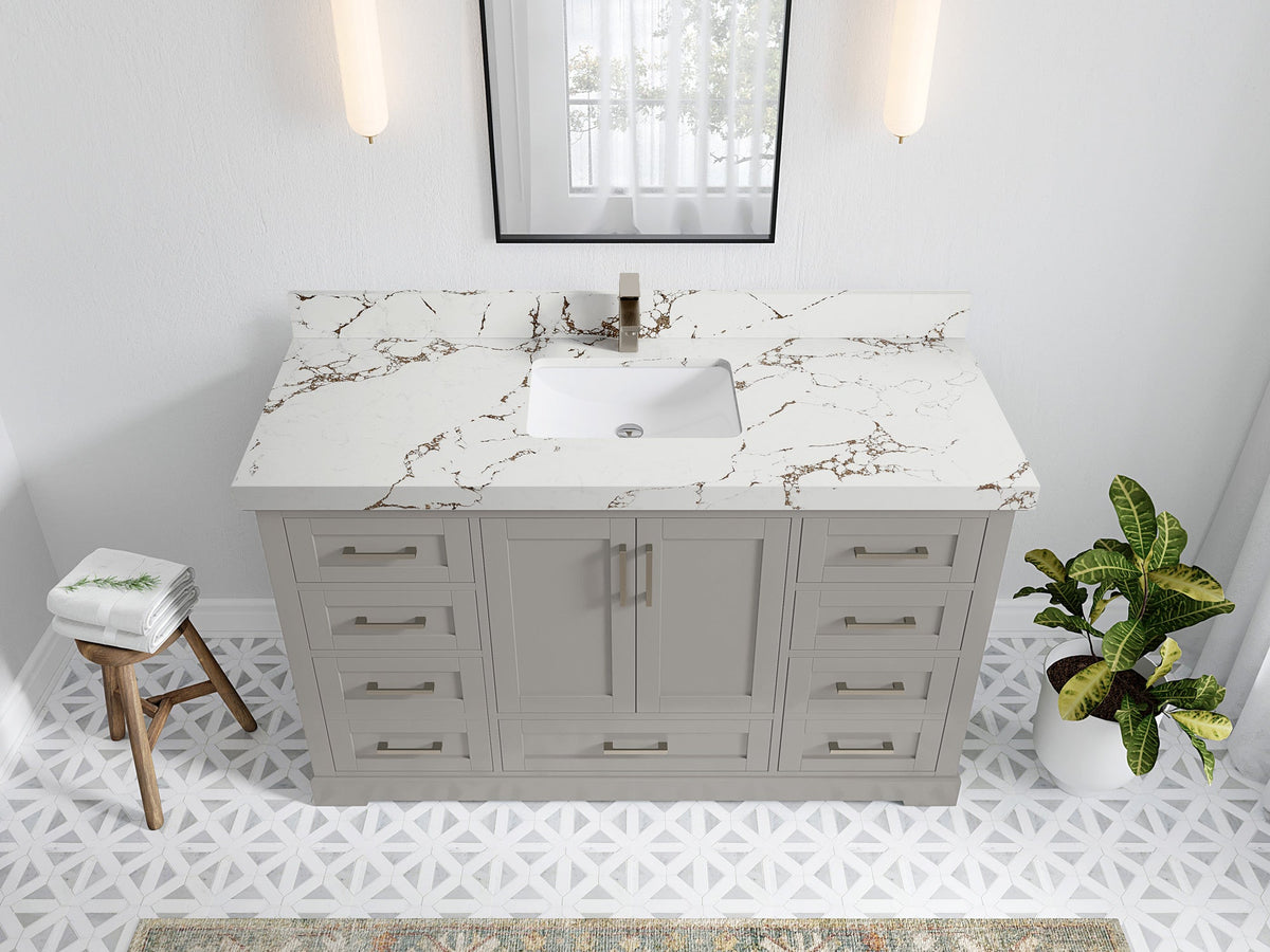 Boston 60 in. W x 22 in. D Single Sink Bathroom Vanity in Elephant Skin Gray with 2 in Viola Brown Quartz Countertop - Top View