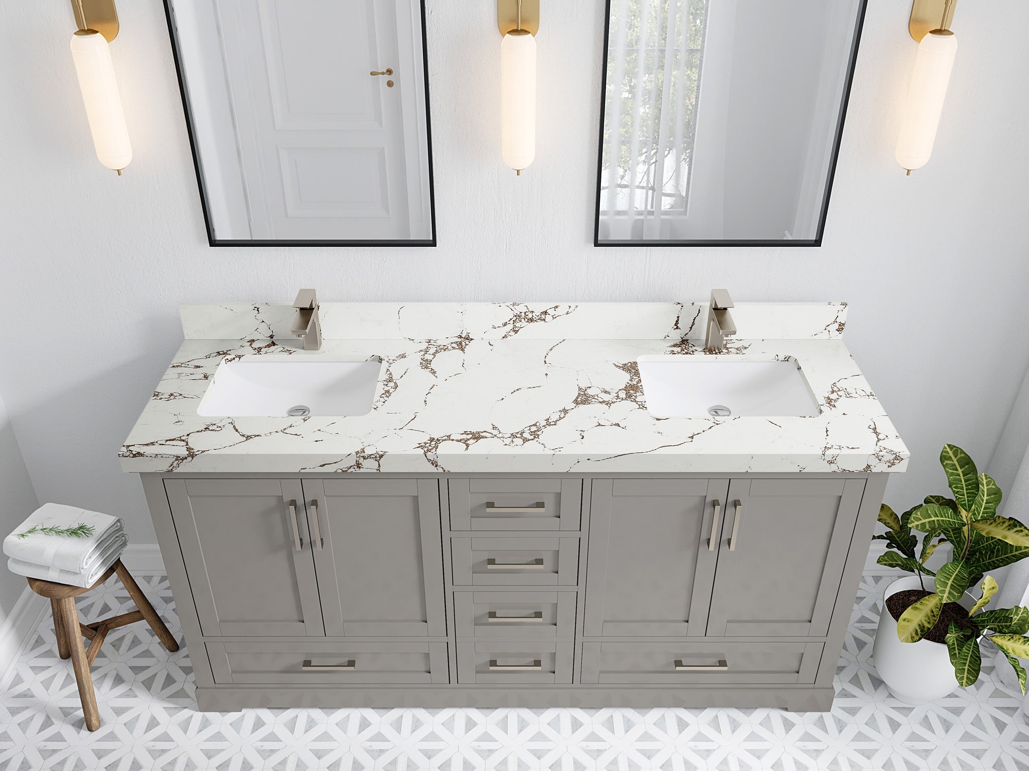 Boston 72 in. W x 22 in. D Double Sink Bathroom Vanity in Elephant Skin Gray with 2 in Viola Brown Quartz Countertop - Top View