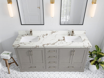 Boston 72 in. W x 22 in. D Double Sink Bathroom Vanity in Elephant Skin Gray with 2 in Viola Brown Quartz Countertop - Top View