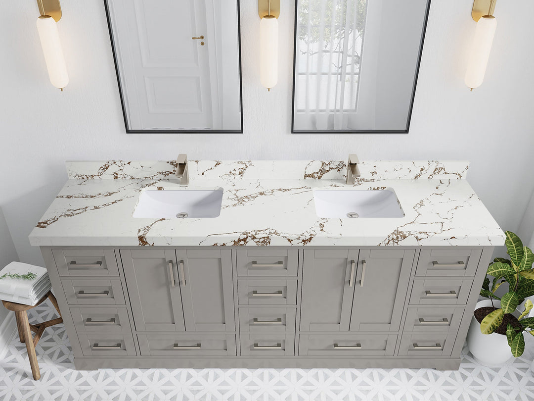 Boston 84 in. W x 22 in. D Double Sink Bathroom Vanity in Elephant Skin Gray with 2 in Viola Brown Quartz Countertop - Top View
