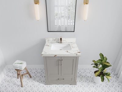Boston 30 in. W x 22 in. D Single Sink Bathroom Vanity in Elephant Skin Gray with 2 in Viola Gold Quartz Countertop - Top View