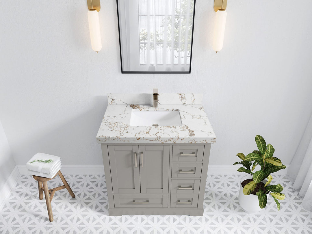 Boston 36 in. W x 22 in. D Single Sink Bathroom Vanity in Elephant Skin Gray with 2 in Viola Gold Quartz Countertop - Top View