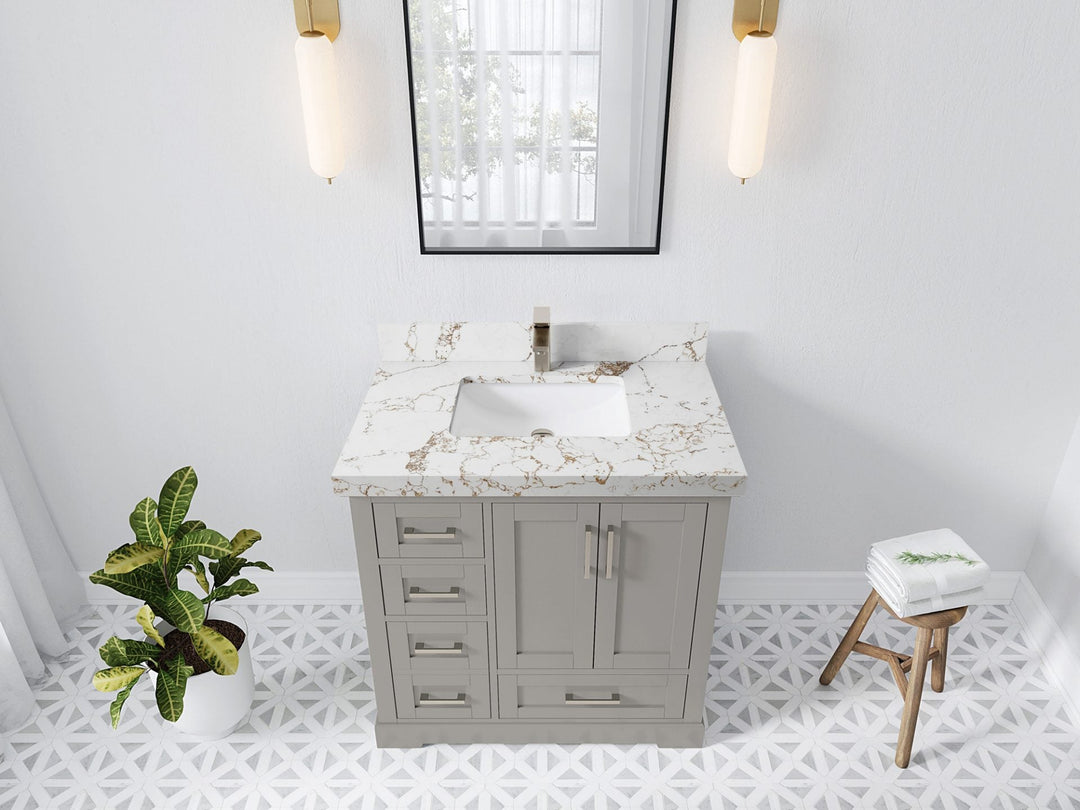 Boston 36 in. W x 22 in. D Single Sink Bathroom Vanity in Elephant Skin Gray with 2 in Viola Gold Quartz Countertop - Top View