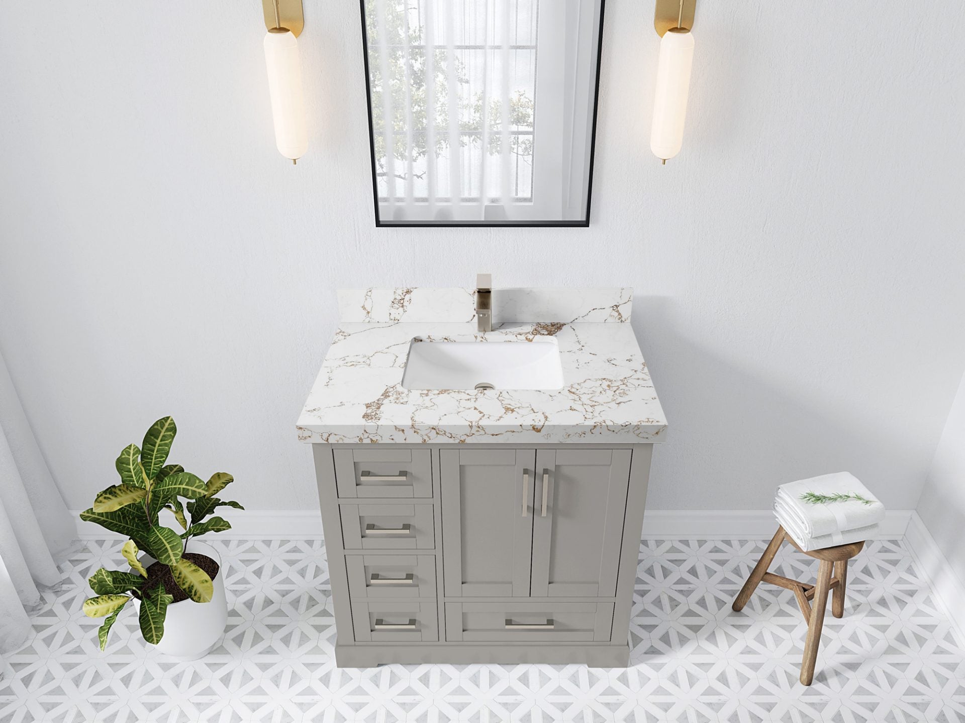 Boston 36 in. W x 22 in. D Single Sink Bathroom Vanity in Elephant Skin Gray with 2 in Viola Gold Quartz Countertop - Top View
