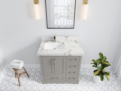 Boston 36 in. W x 22 in. D Single Sink Bathroom Vanity in Elephant Skin Gray with 2 in Viola Gold Quartz Countertop - Top View