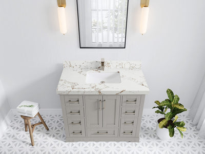 Boston 42 in. W x 22 in. D Double Sink Bathroom Vanity in Elephant Skin Gray with 2 in Viola Gold Quartz Countertop - Top View