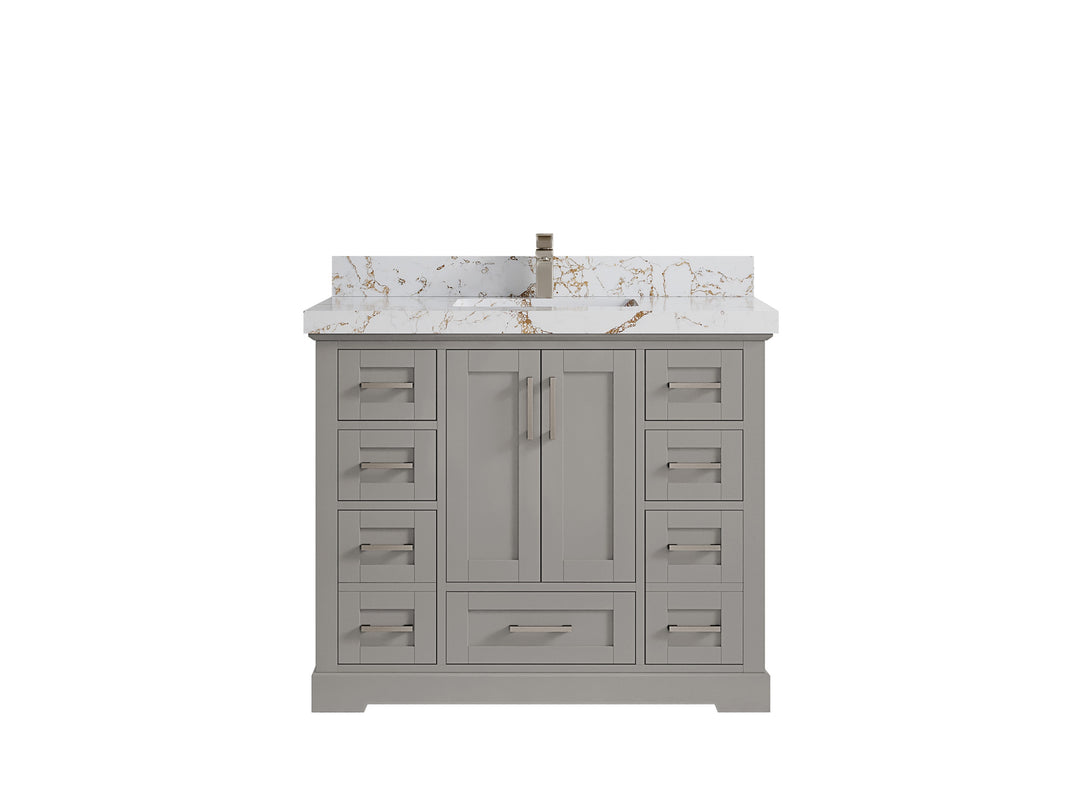 Boston 42 in. W x 22 in. D Double Sink Bathroom Vanity in Elephant Skin Gray with 2 in Viola Gold Quartz Countertop